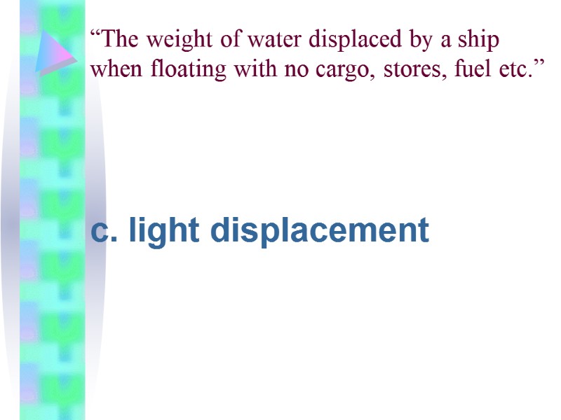 “The weight of water displaced by a ship when floating with no cargo, stores,